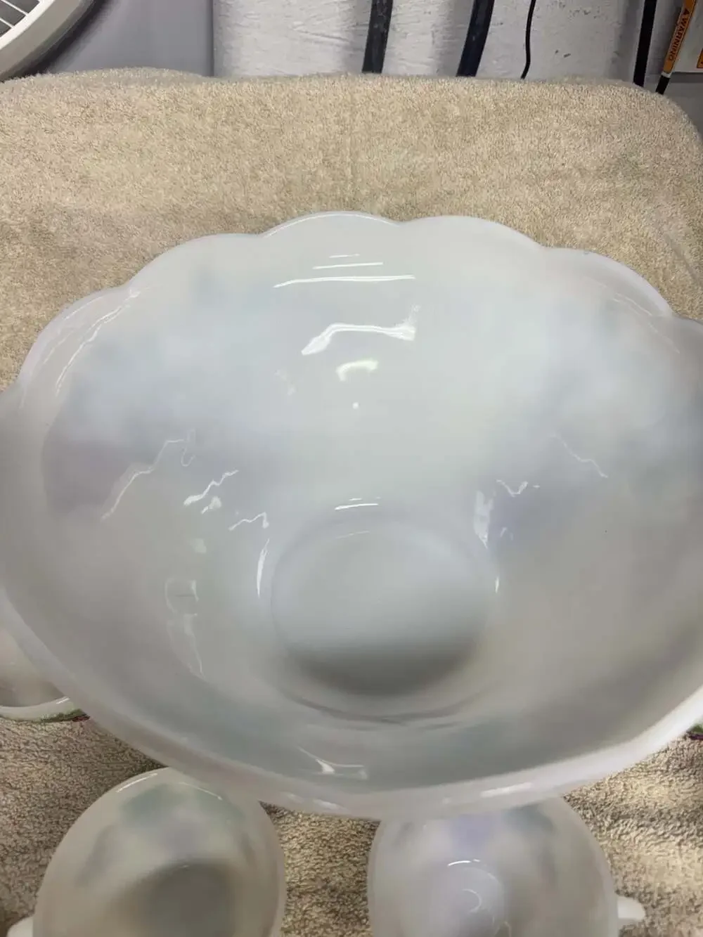Vintage Anchor Hocking Milk Glass Grapevine Pattern Punch Bowl Set